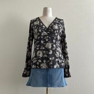 Y2K gray cream floral print mesh long sleeve fairy blouse